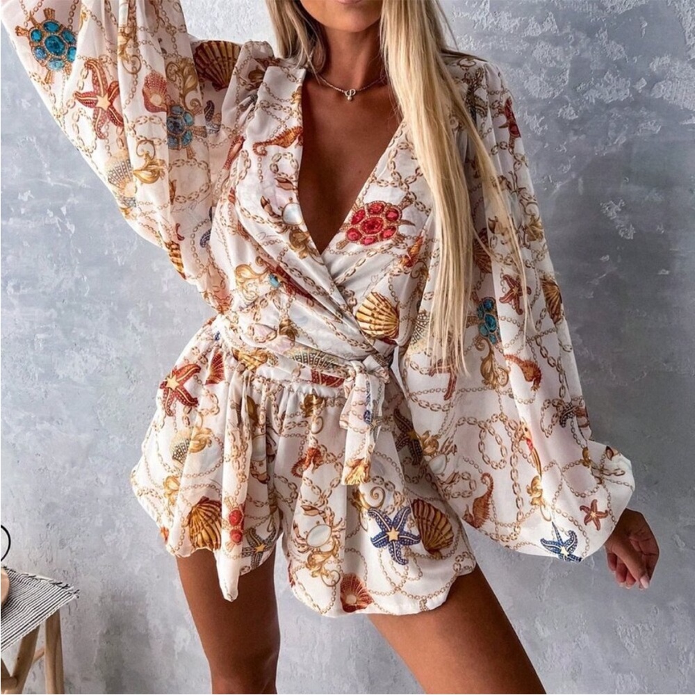 Apricot Boho Women's Flower Random Print V-Neck Long Sleeve Jumpsuit NWOT